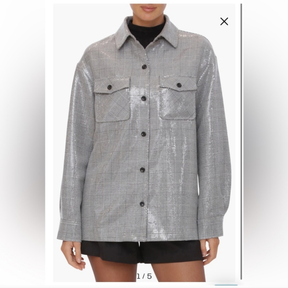Avec Les Filles Oversize Sequin Plaid Shirt Jacket Gray/White - Picture 1 of 8